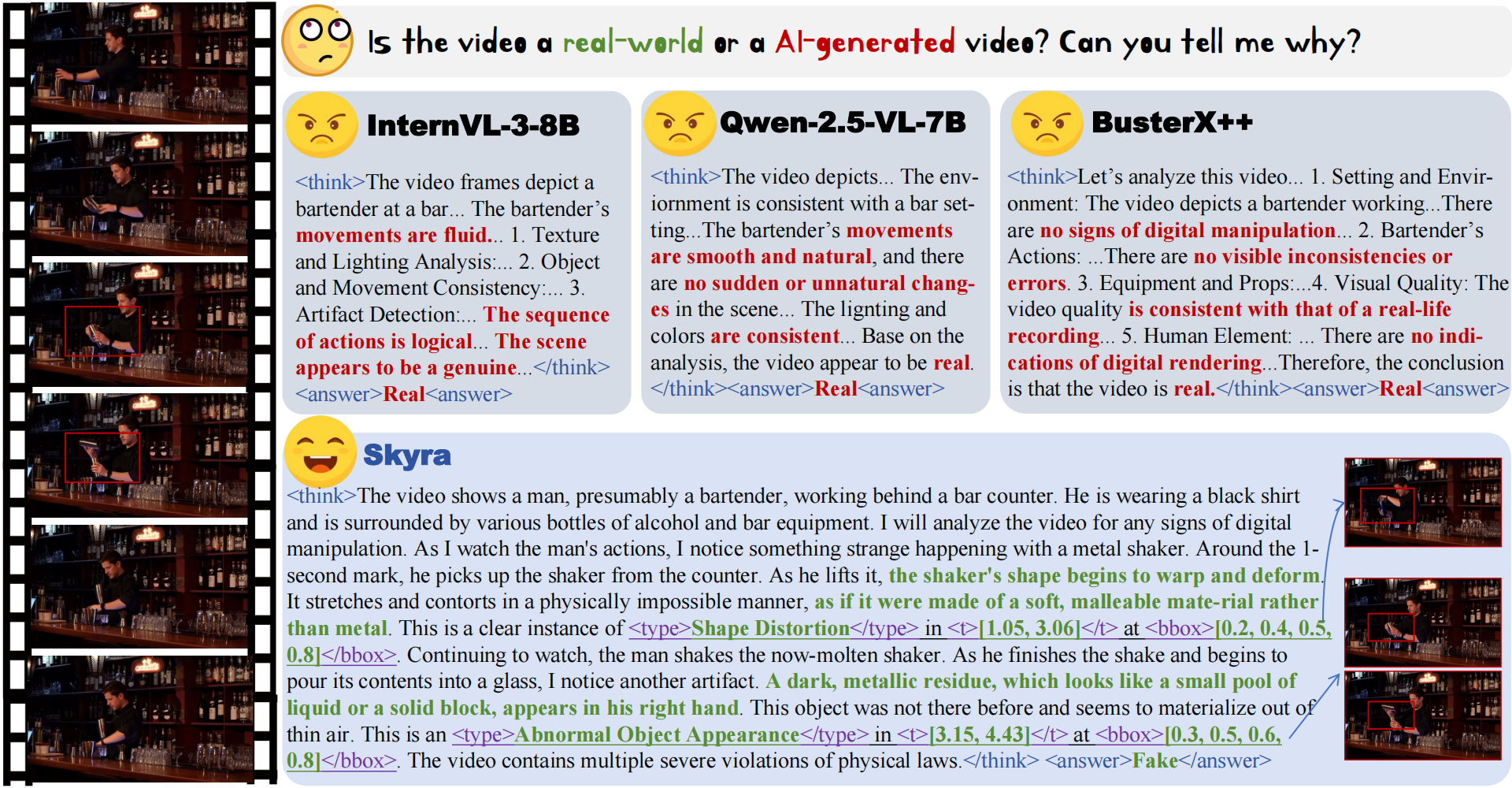 Skyra compares video artifact explanations and grounds its findings with bounding boxes and timestamps.