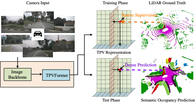 TPVFormer maps surround-camera images to a tri-perspective representation and semantic occupancy.