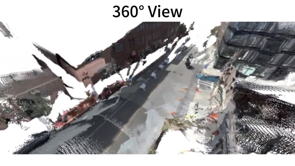 DVGT reconstructs dense road and building geometry from driving cameras.