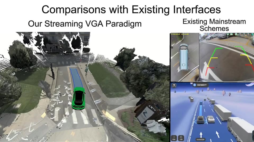 DVGT-2 shows a planned driving trajectory within a dense reconstructed 3D scene.
