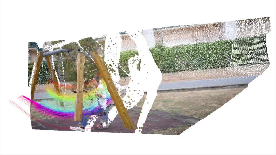 SM4RT reconstruction of a moving swing with colored motion trajectories.